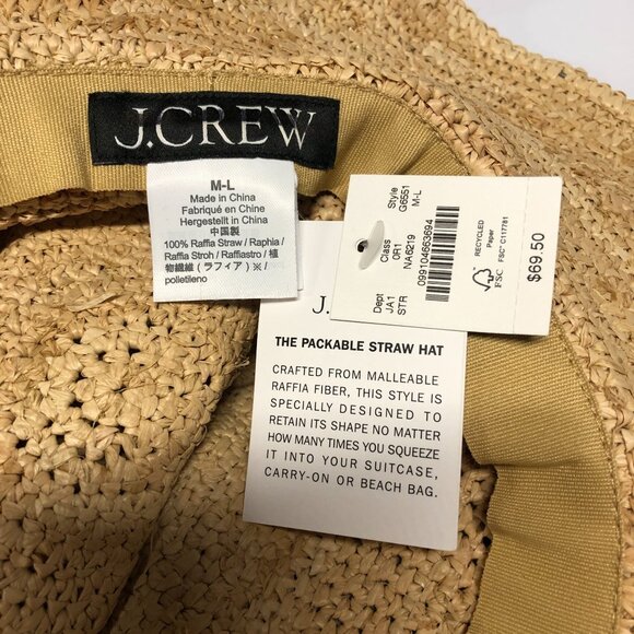 J Crew Wide-Brim Packable Straw Hat Beige Black Band Raffia M/L FLAW - Picture 7 of 8